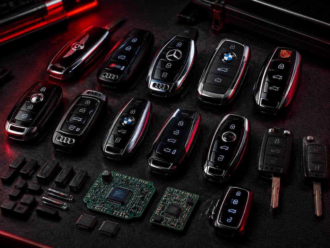 Veľký výber autokľúčov a transpondérov pripravených na programovanie